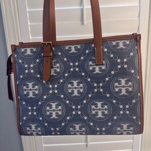 Tory Burch T Monogram Logo Toe. Denim Blue with Tan Leather Trim.